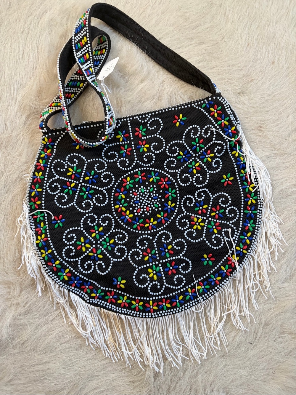 Bohemian Beaded Fringe Crossbody Bag - Black Multicolor